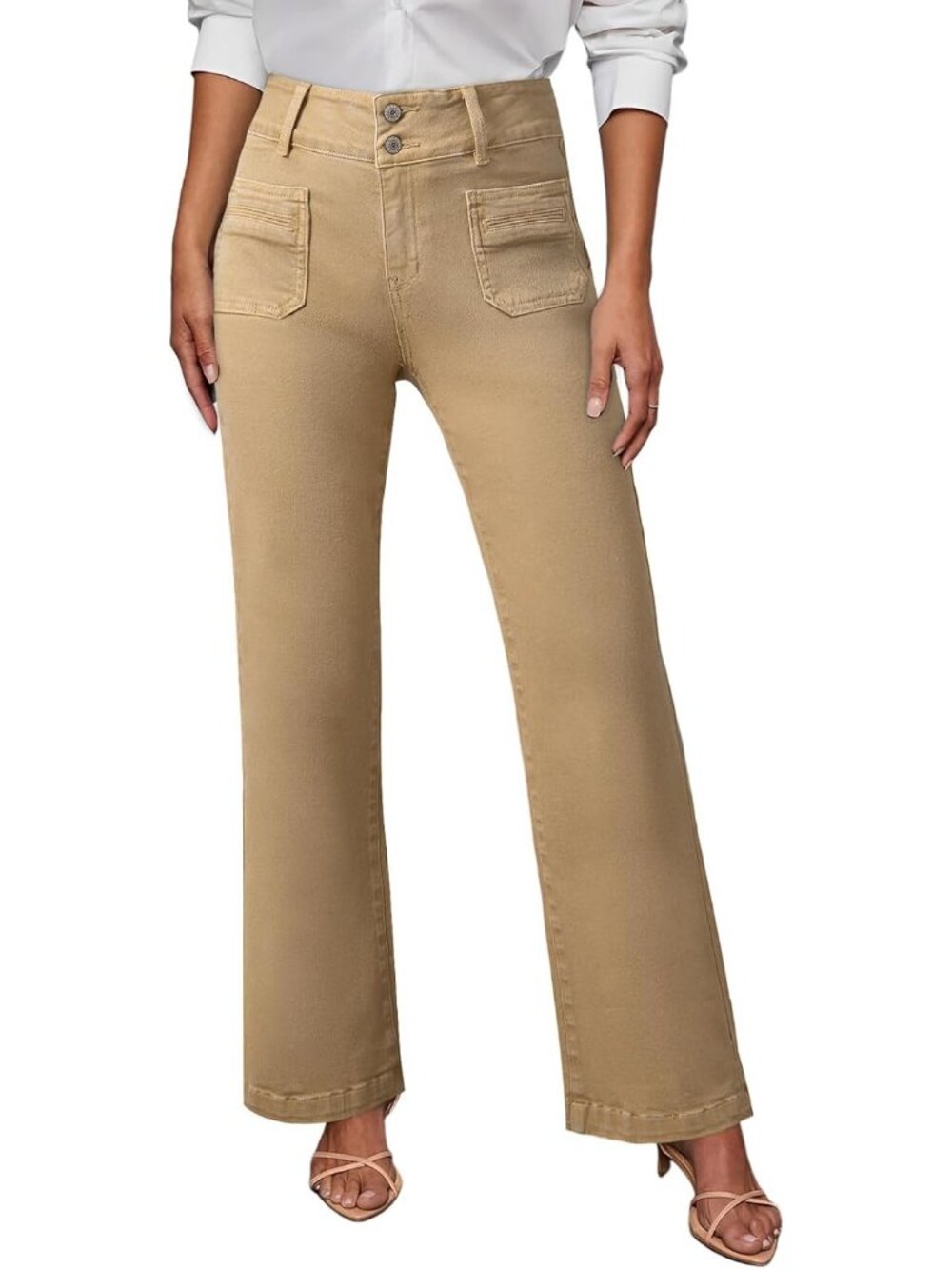 Women's Khaki Tummy Control Stretchy Cotton Blend Zip Up Straight Leg Jeans